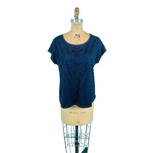 Chico's Cutwork Top Women's Size 1 Summer Suede Ink Navy Blue Short Sleeve